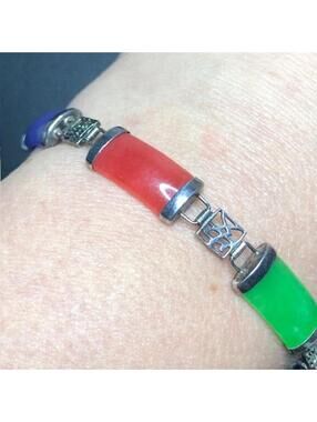 8783 Vintage Sterling Silver Multi-Color Jade Panel Bracelet 7.5" 10.2grams